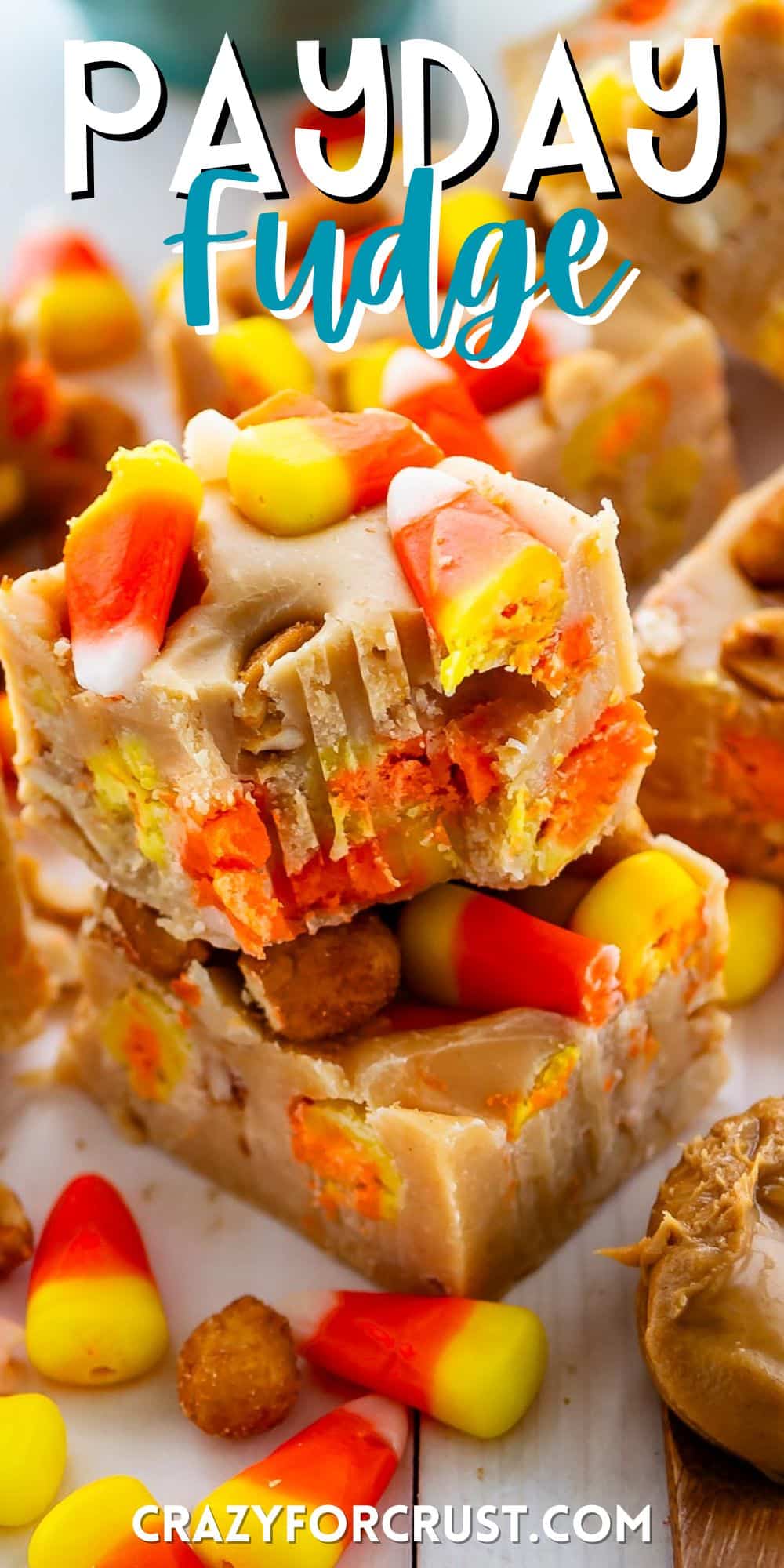 stacked fudge with candy corn baked in with words on the image.