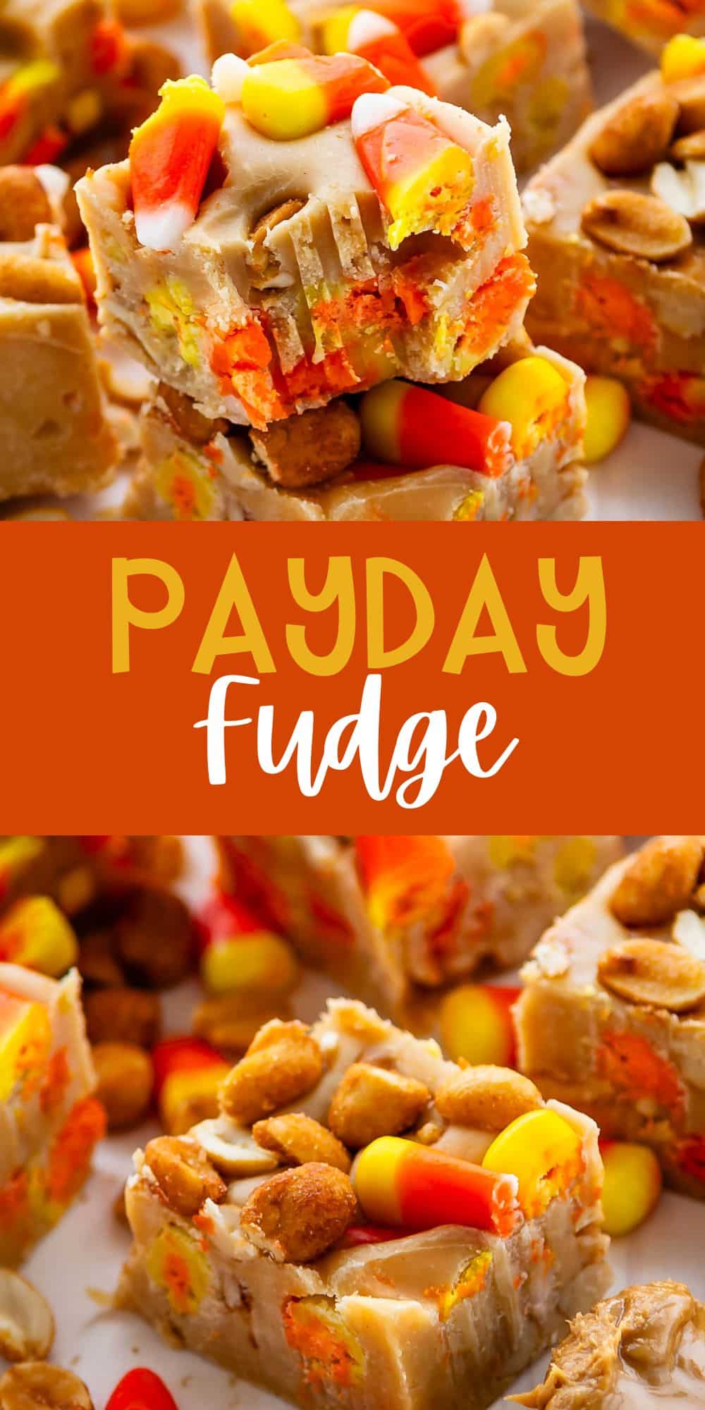two photos of stacked fudge with candy corn baked in with words on the image.