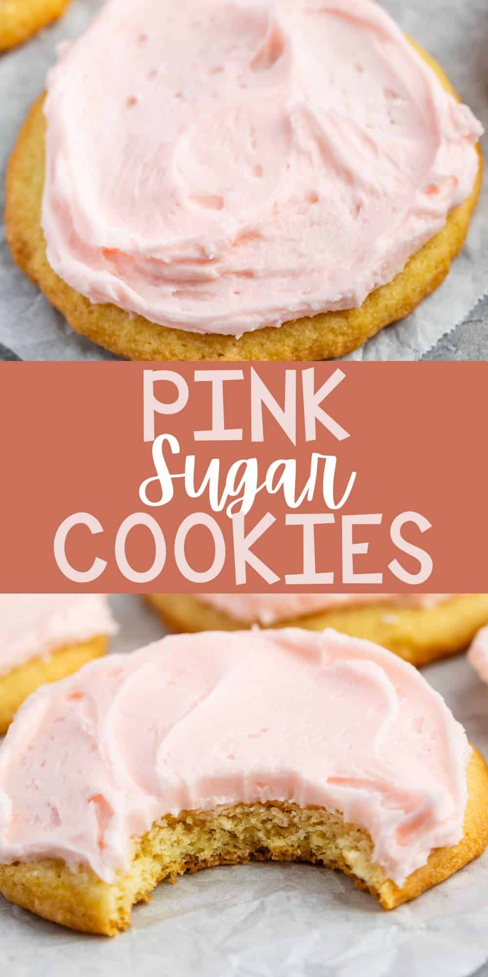 two photos of stacked yellow sugar cookies with pink frosting on top with words on the image.