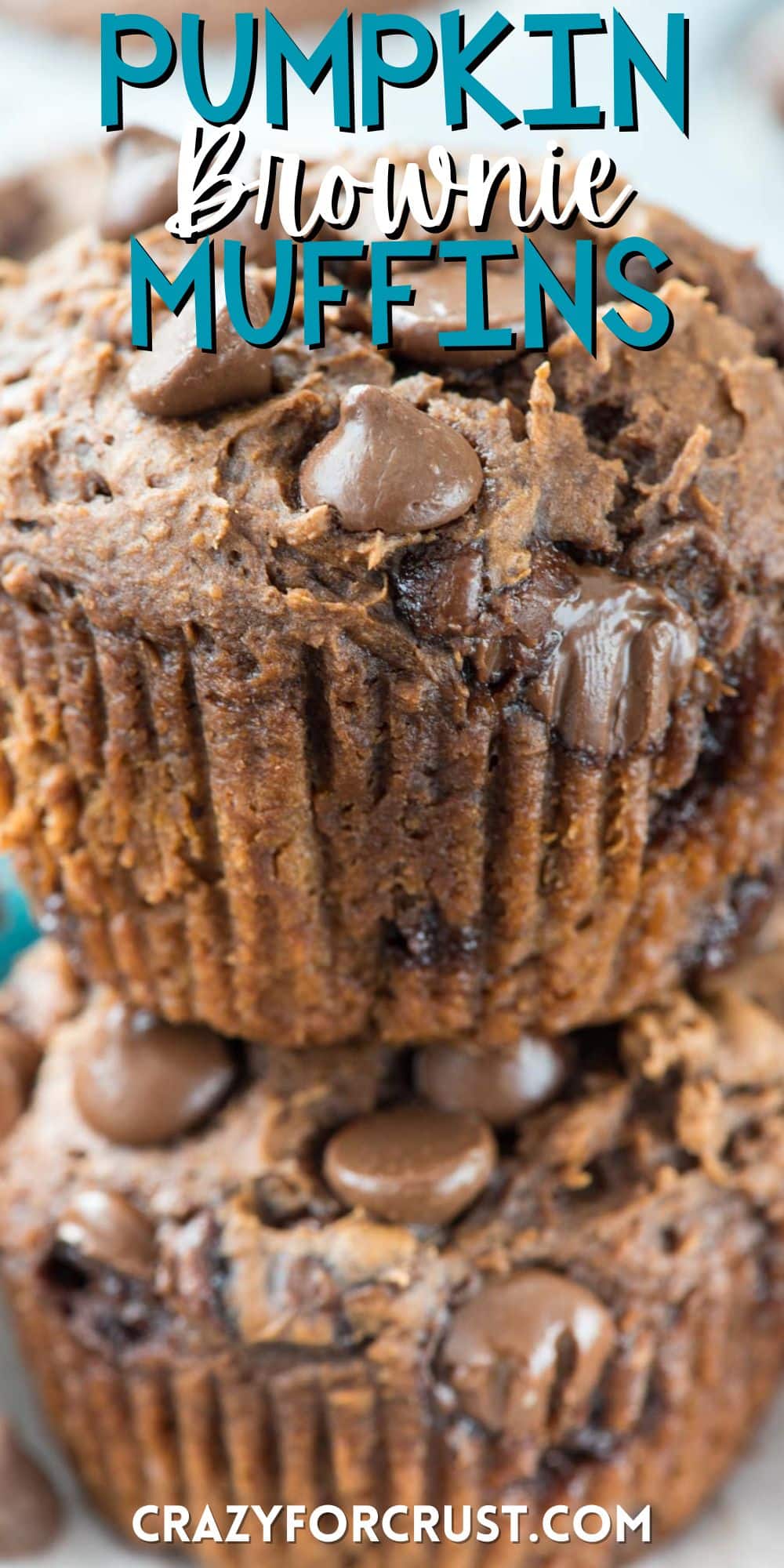 stacked chocolate muffins with chocolate chips baked in with words in the image.