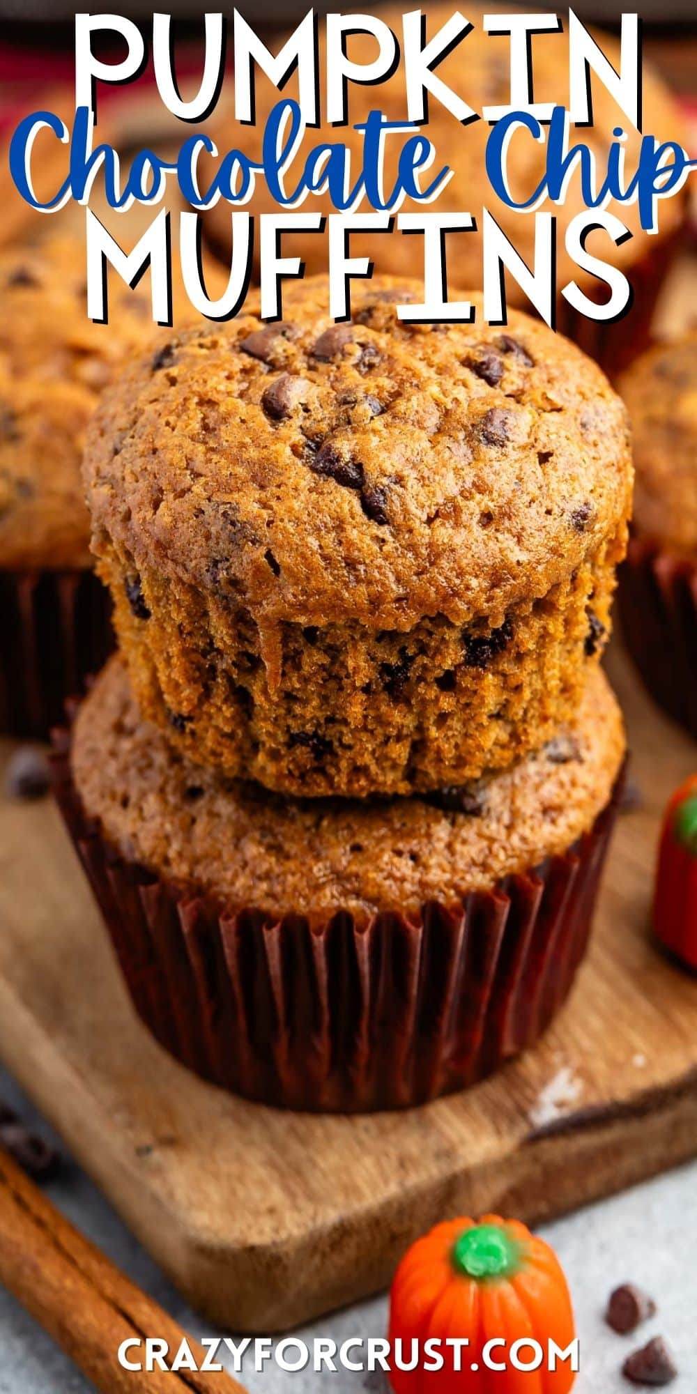 stacked muffins on a brown cutting board with words on the image.