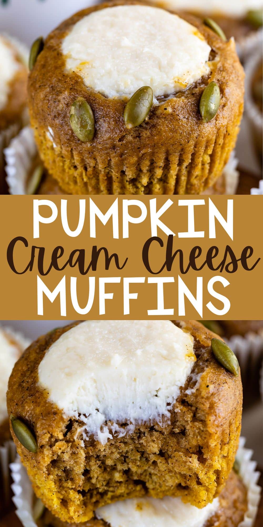 two photos of muffins with seeds and cream cheese in the center and words on the image.