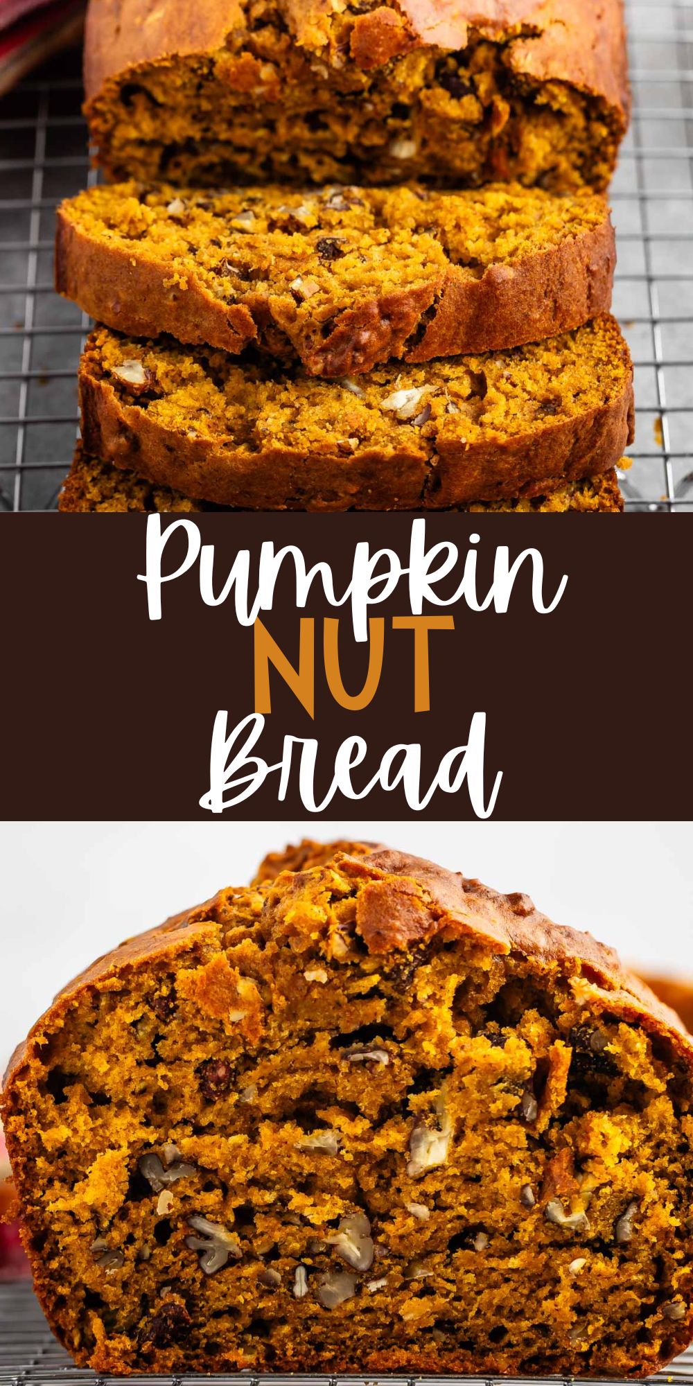 two photos of sliced bread on a rack with nuts baked in with words on the image.