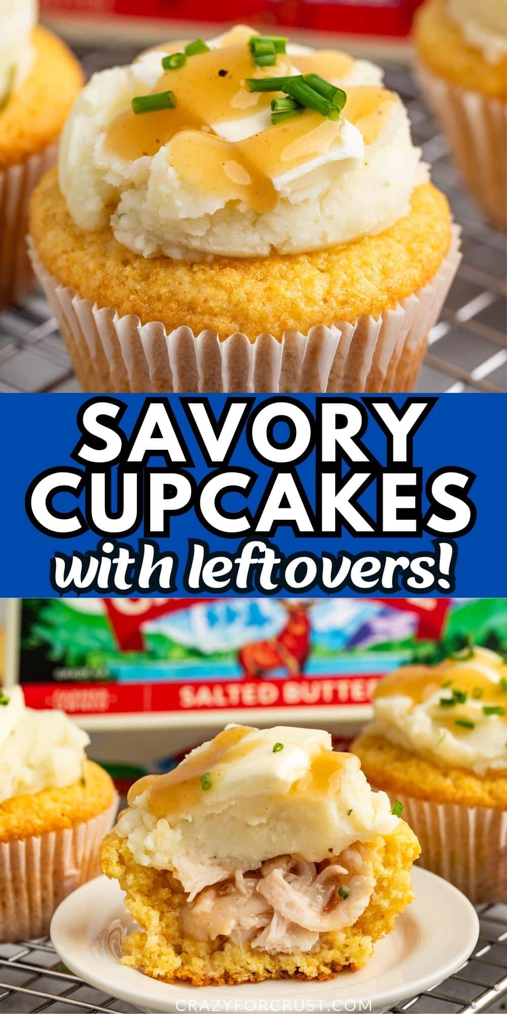 photo showing cupcake with mashed potato frosting and gravy and chives on top and second photo showing cut in half cupcake with turkey inside.