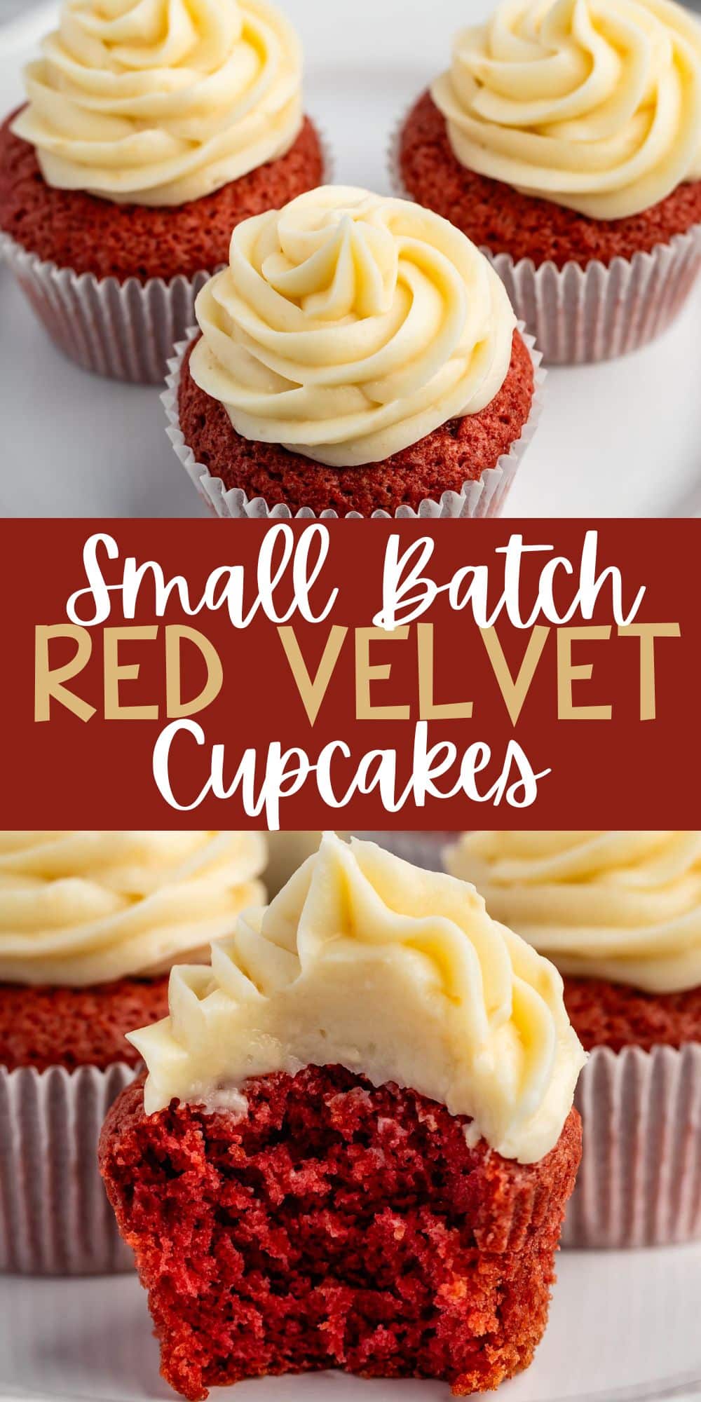 two photos of red cupcakes with frosting on top on a white plate with words on the image.