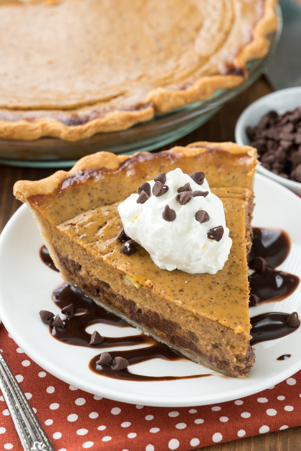 chocolate chip pie on a white plate with chocolate drizzled under.