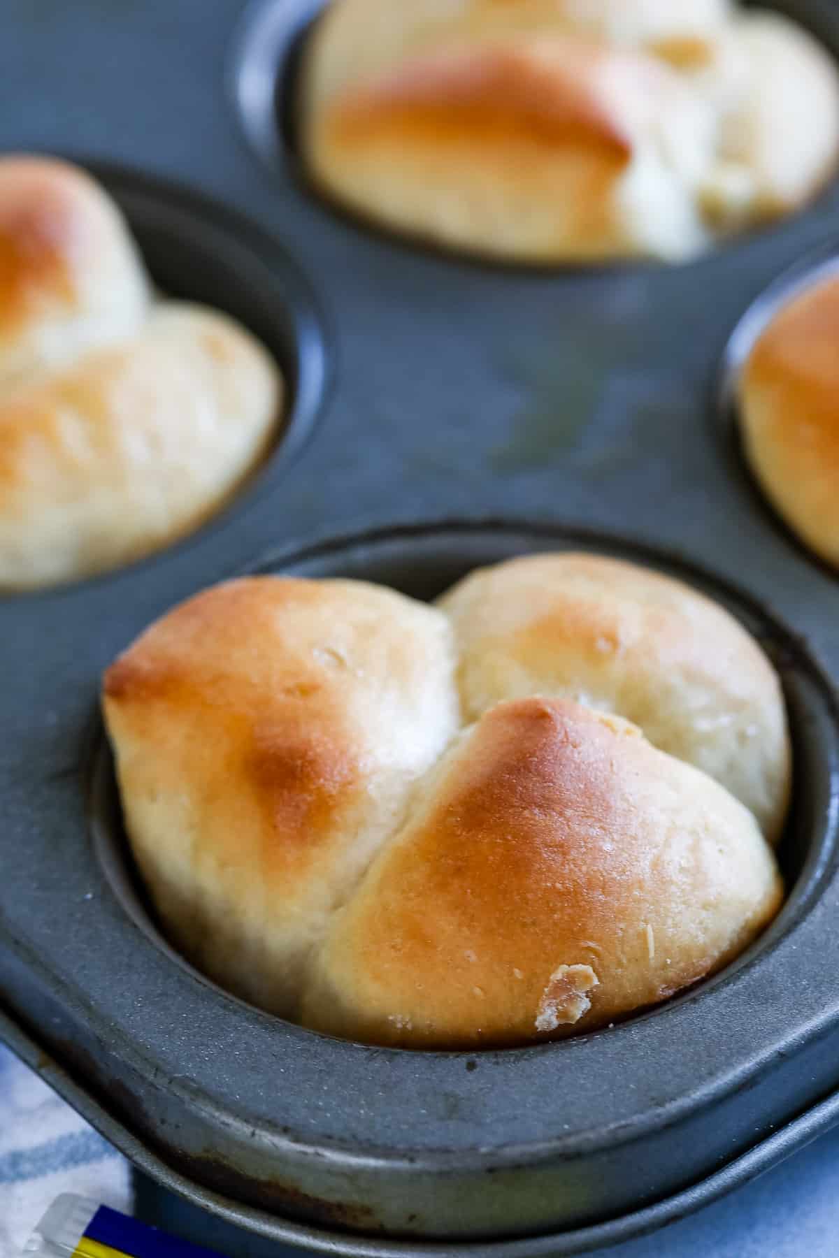 multiple dinner rolls in a stainless steal muffin tin.