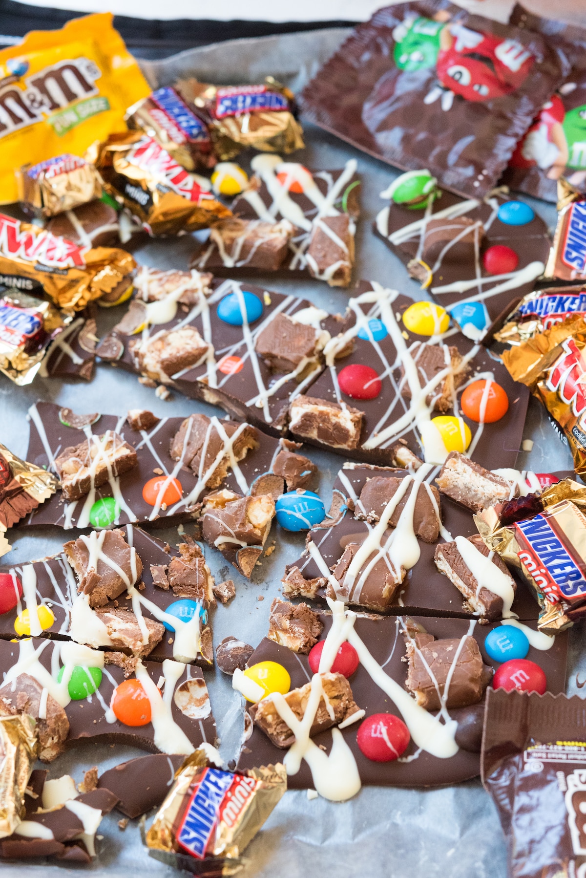 broken pieces of chocolate bark with candy attached on top.