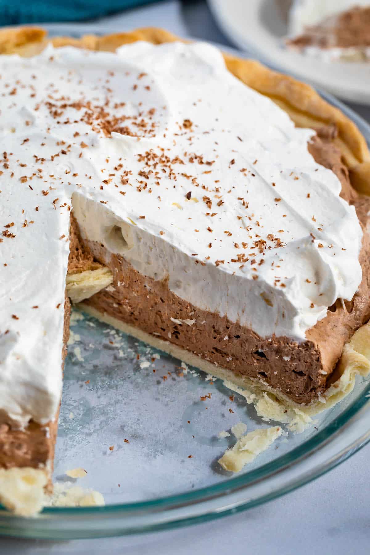 sliced French silk pie with one layer of chocolate and one layer of white.