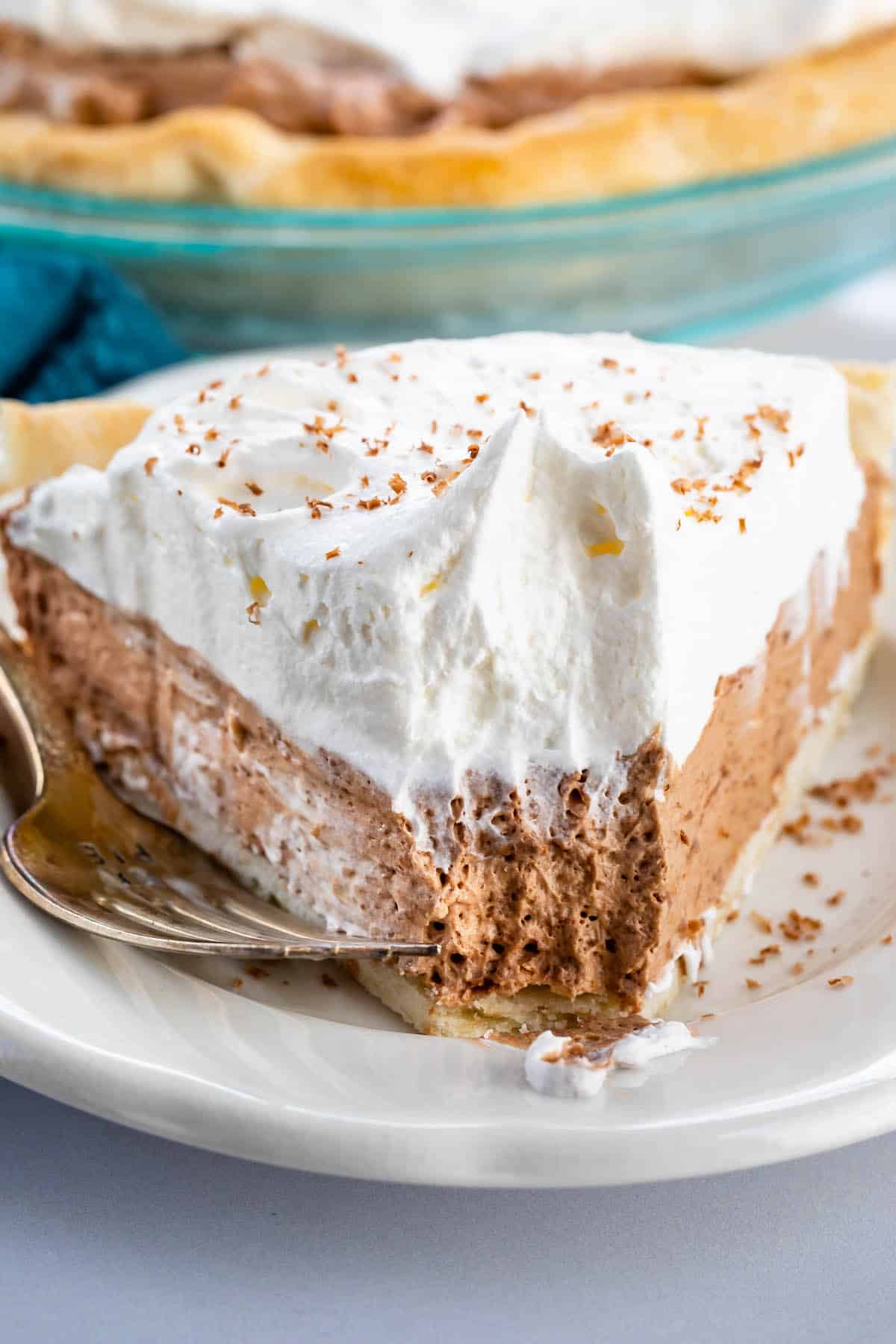 sliced French silk pie with one layer of chocolate and one layer of white.