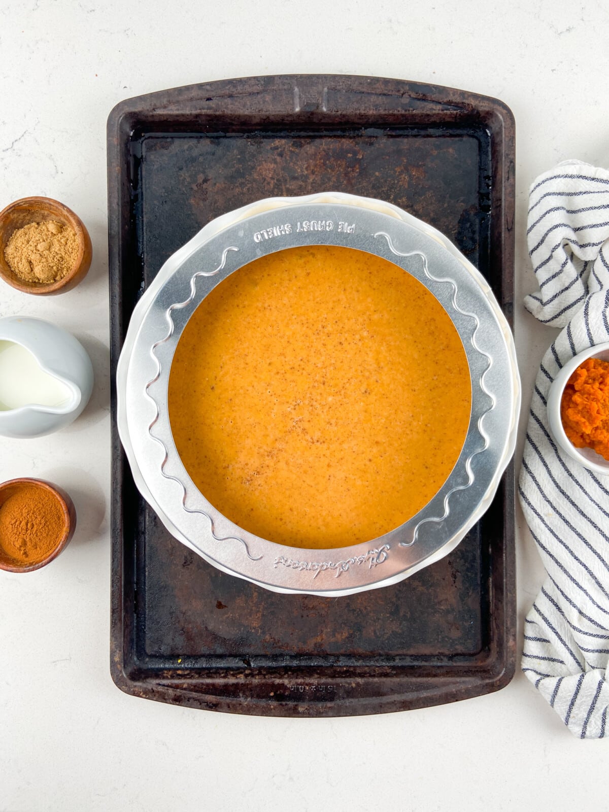 process shot of chocolate chip pumpkin pie.