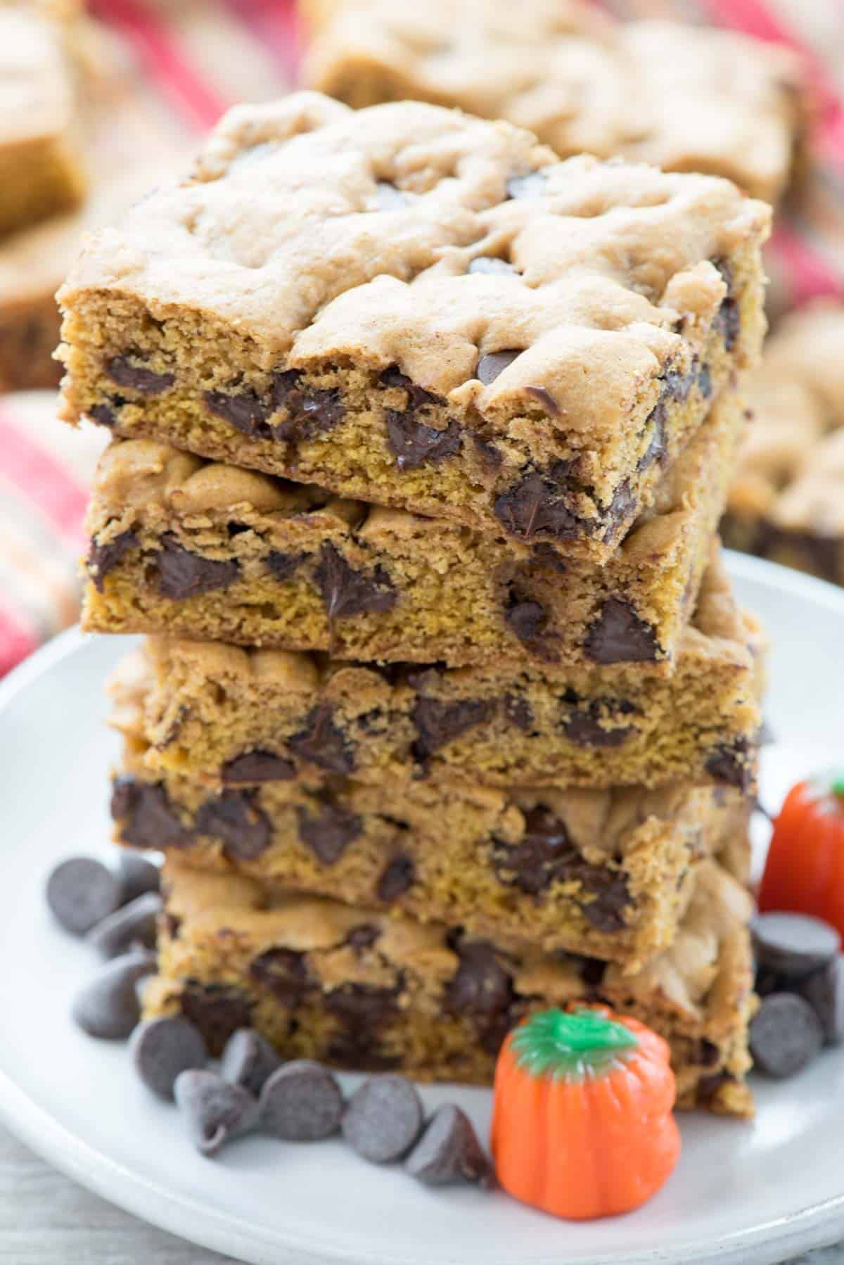 stacked pumpkin blondies with chocolate chips baked in.