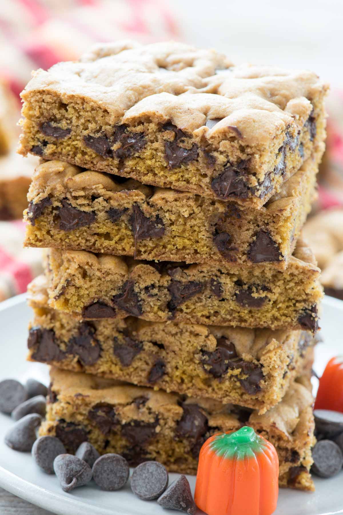 stacked pumpkin blondies with chocolate chips baked in.