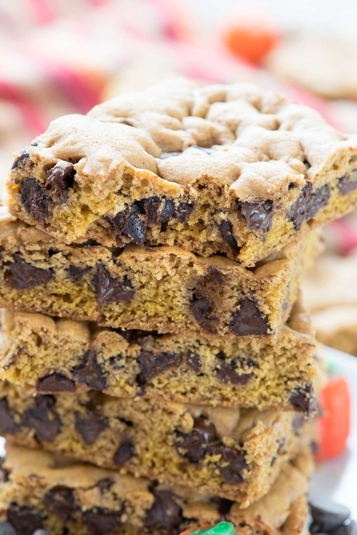 stacked pumpkin blondies with chocolate chips baked in.