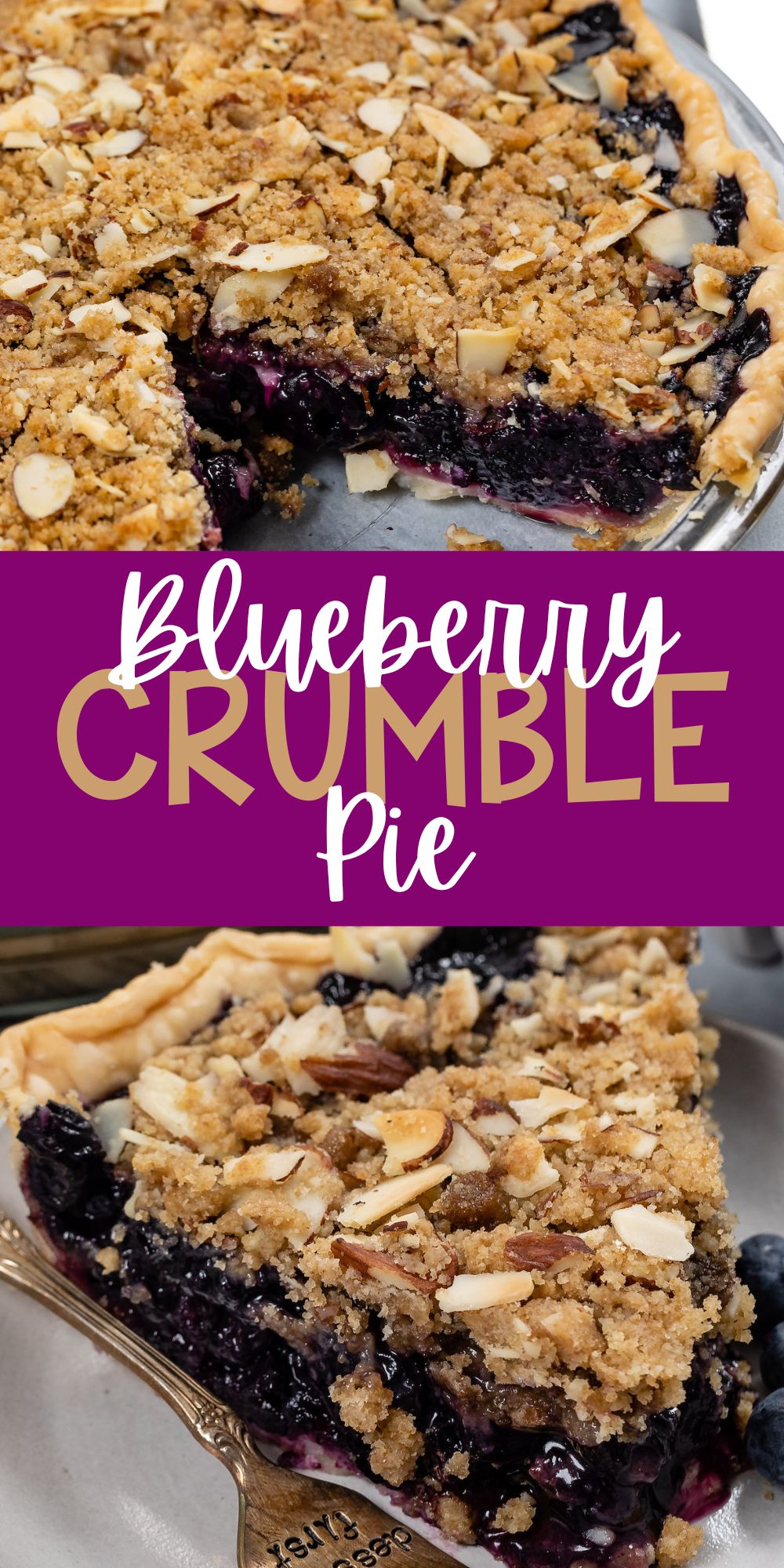 two photos of blueberry pie in a clear plate with crumble on top with words on the image.
