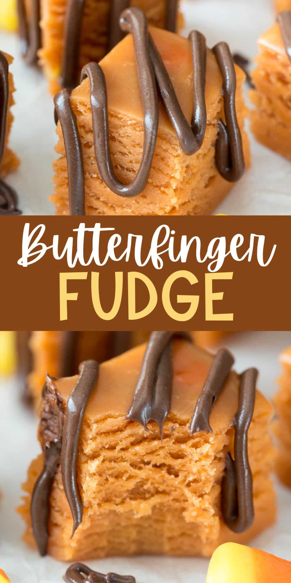 two photos of orange butterfinger fudge with chocolate sauce dripped over the top and words on the image.