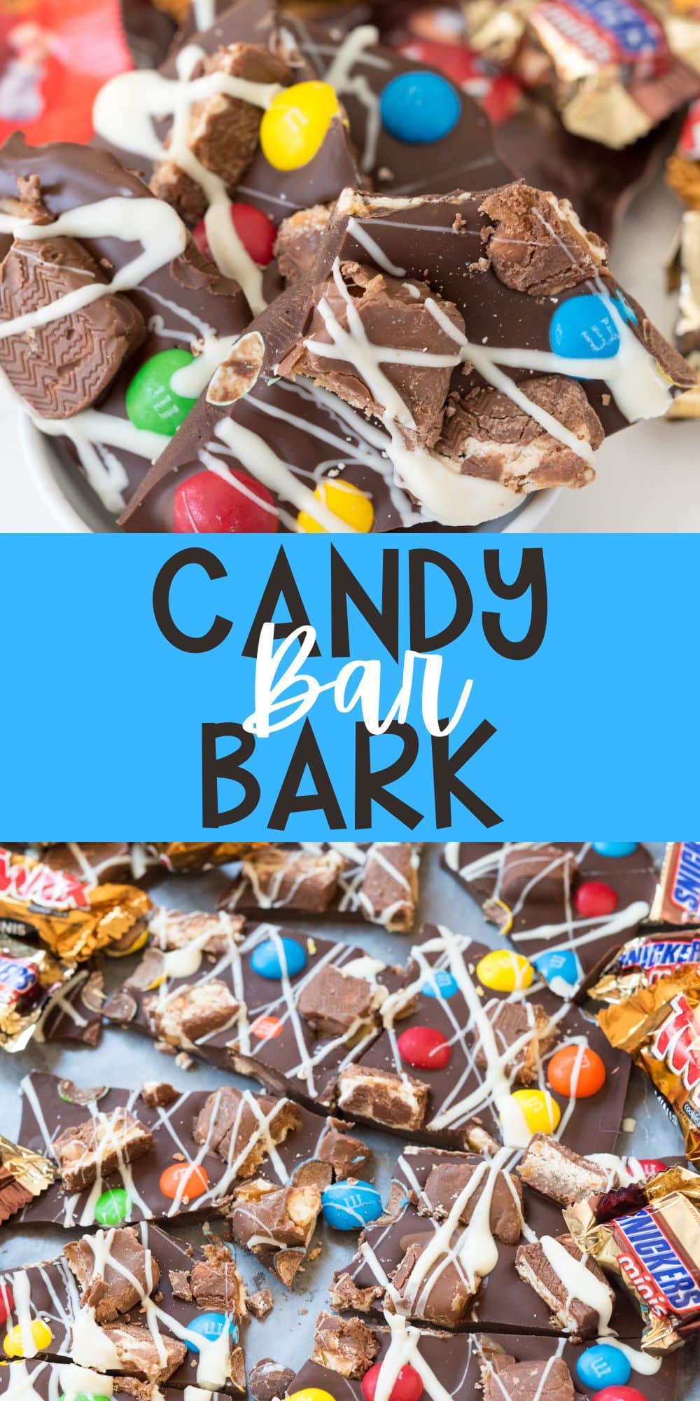 two photos of broken pieces of chocolate bark with candy attached on top in a white bowl with words on the image.