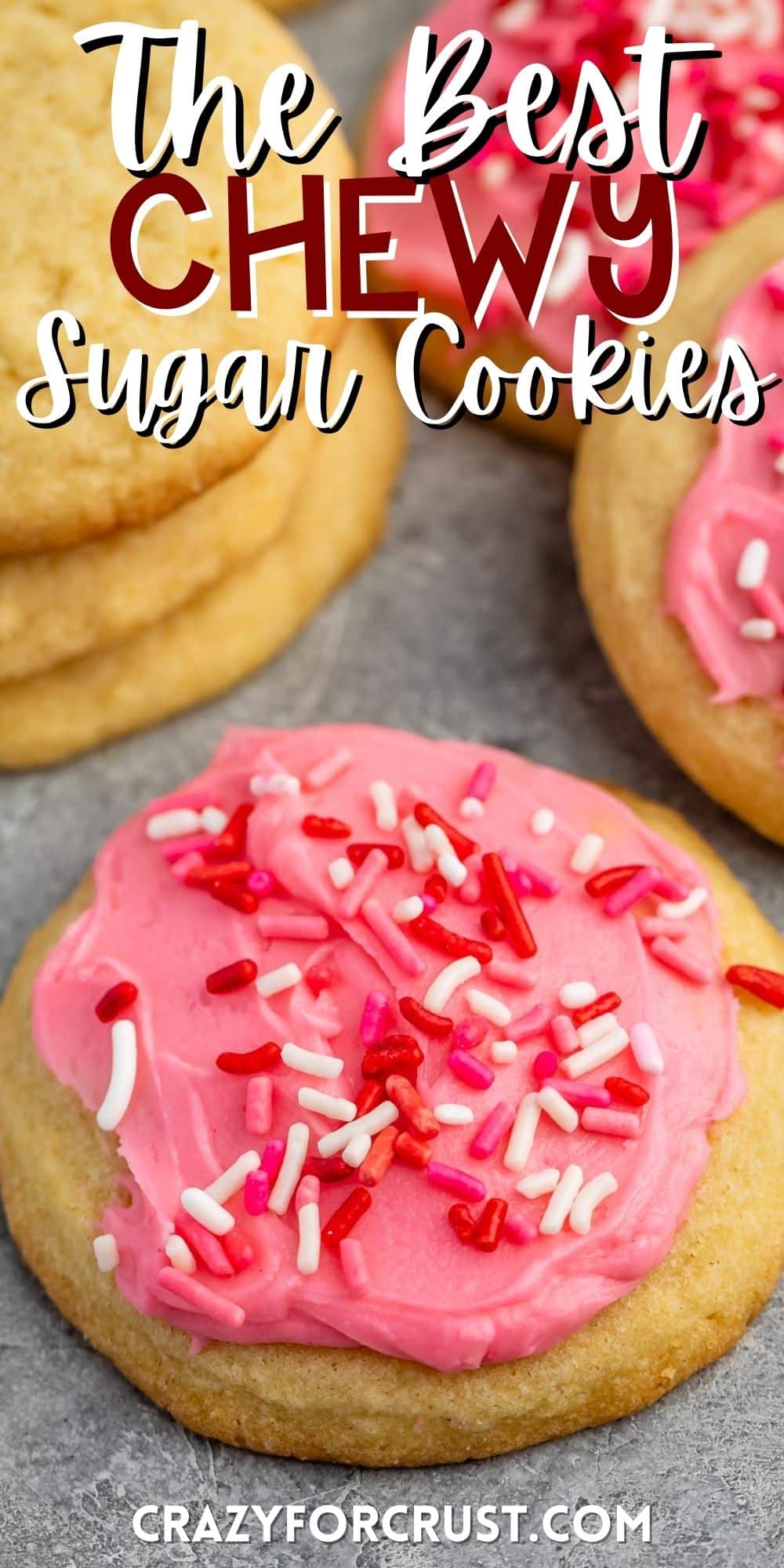 sugar cookie with pink frosting and red sprinkles with words on the image.