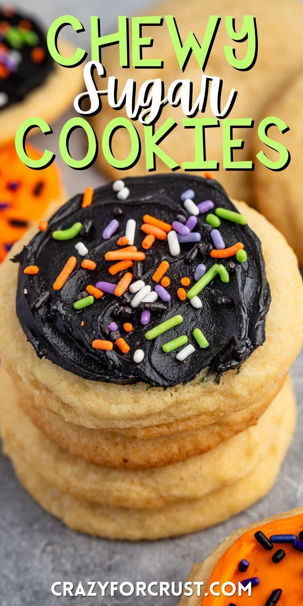 stacked sugar cookies with black frosting and orange and green sprinkles with words on the image.