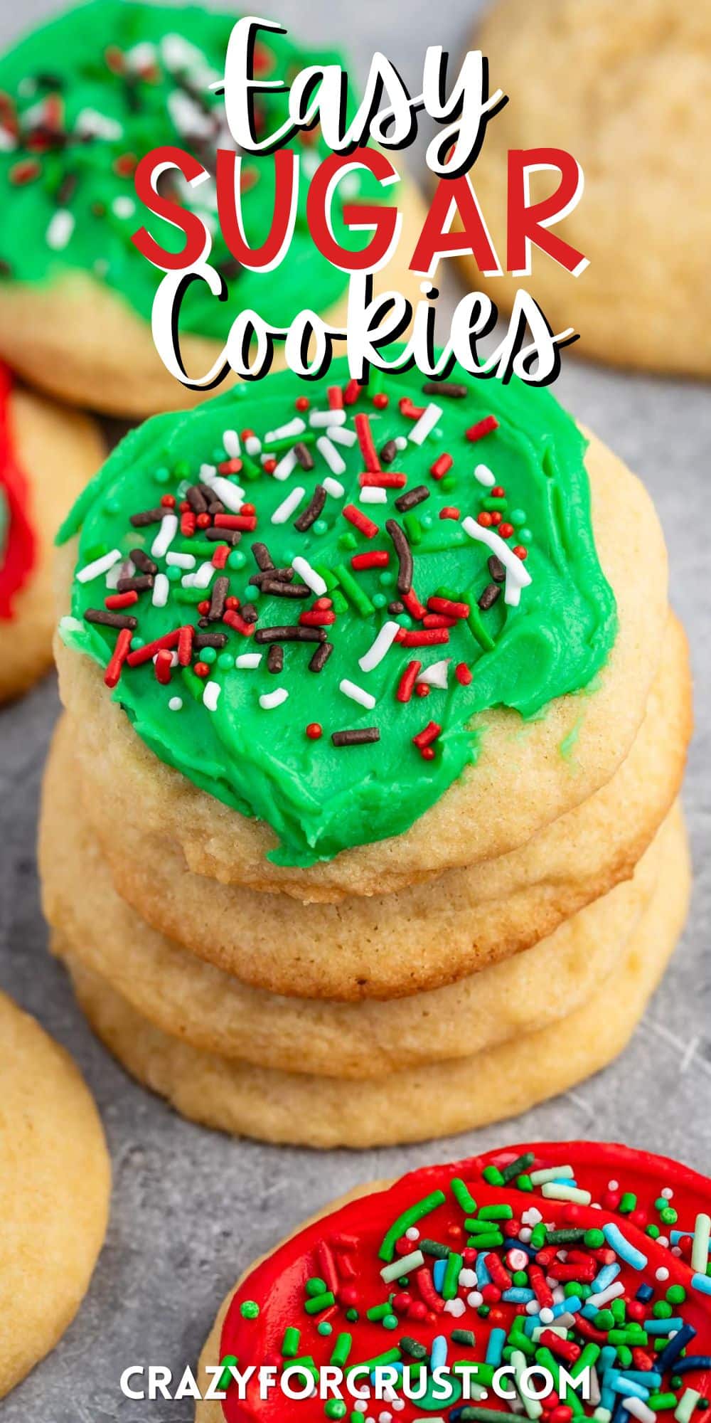 stacked cookies with green and red frosting with green and red sprinkles on top with words on the image.