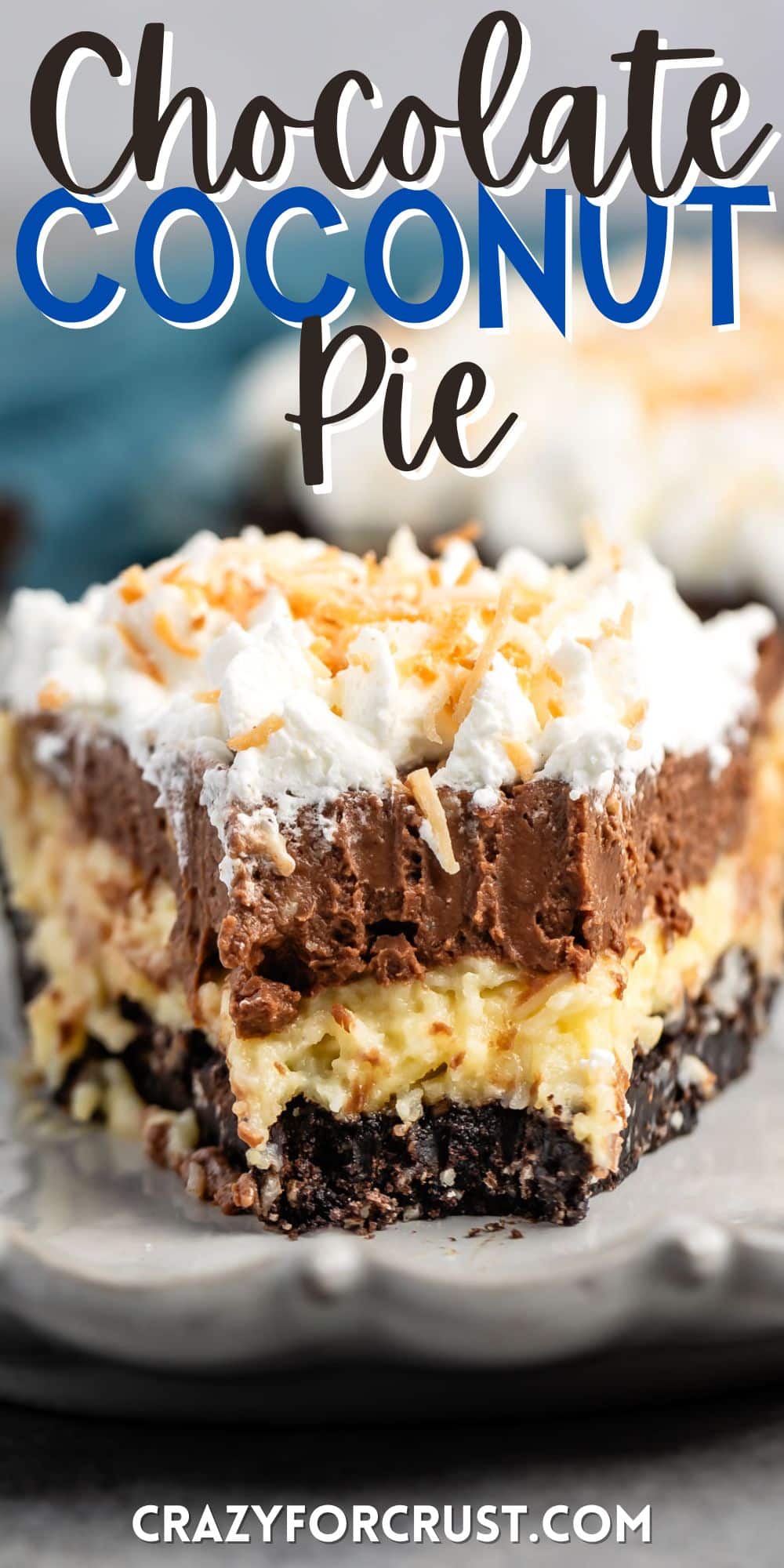 sliced pie with whipped cream and coconut on top with words on the image.