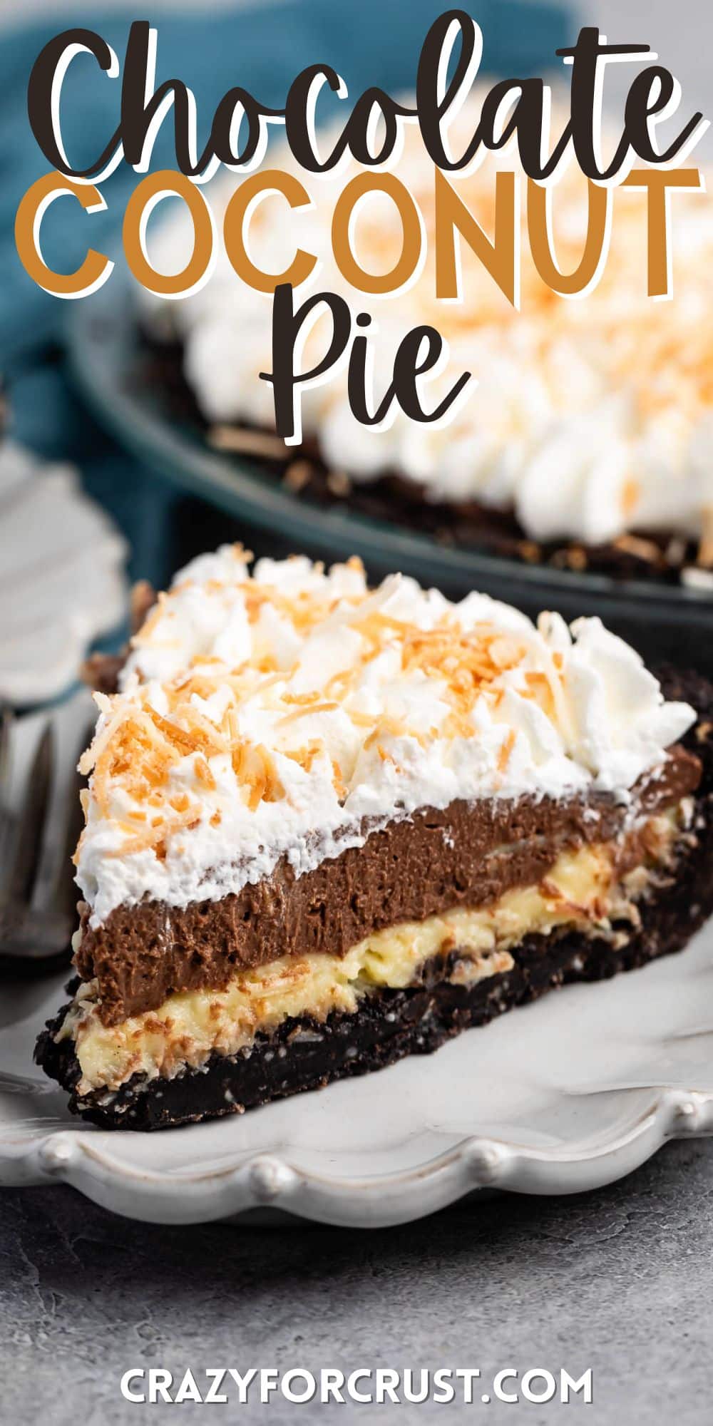 sliced pie with whipped cream and coconut on top with words on the image.