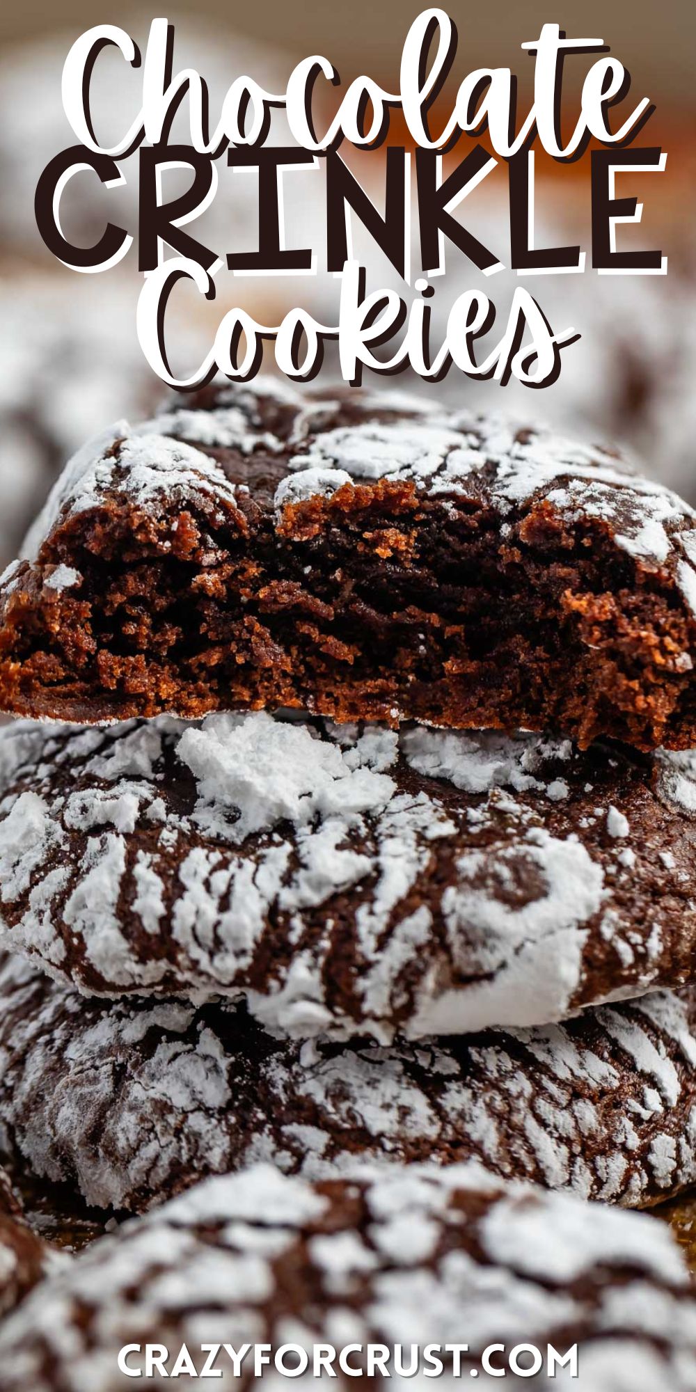 chocolate crinkle cookies covered in powdered sugar with words on the image.
