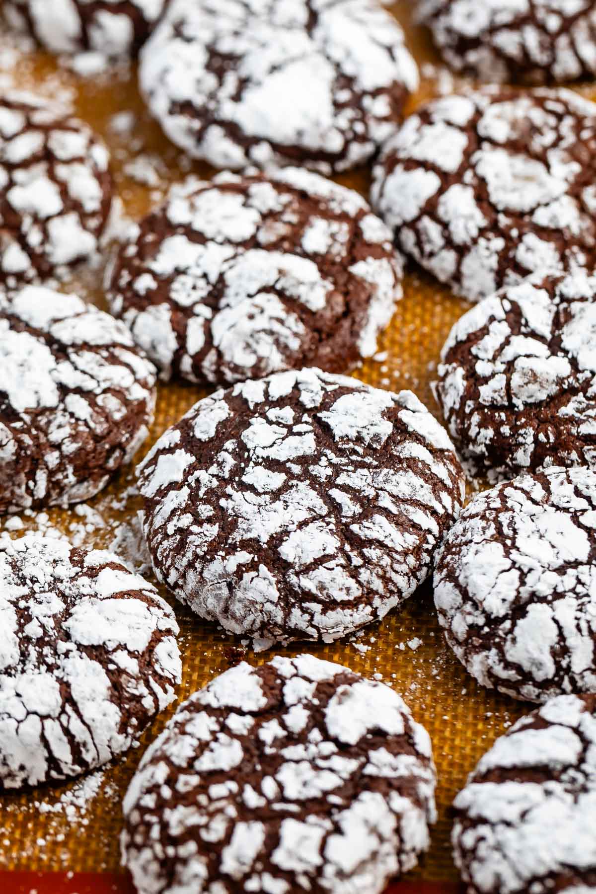 chocolate crinkle cookies covered in powdered sugar.