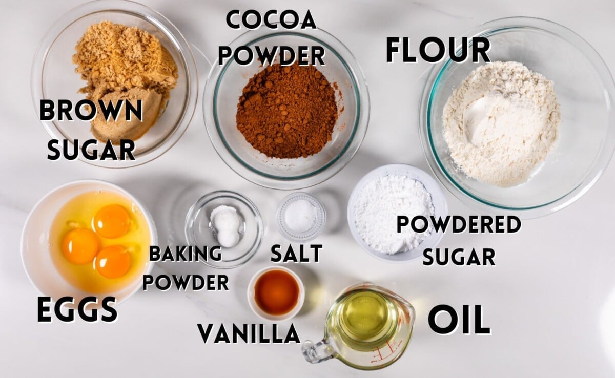 ingredients chocolate crinkle cookies laid out on a marble counter.