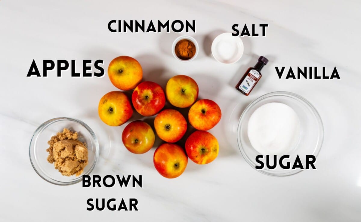 ingredients in crockpot apple butter laid on a marble counter.