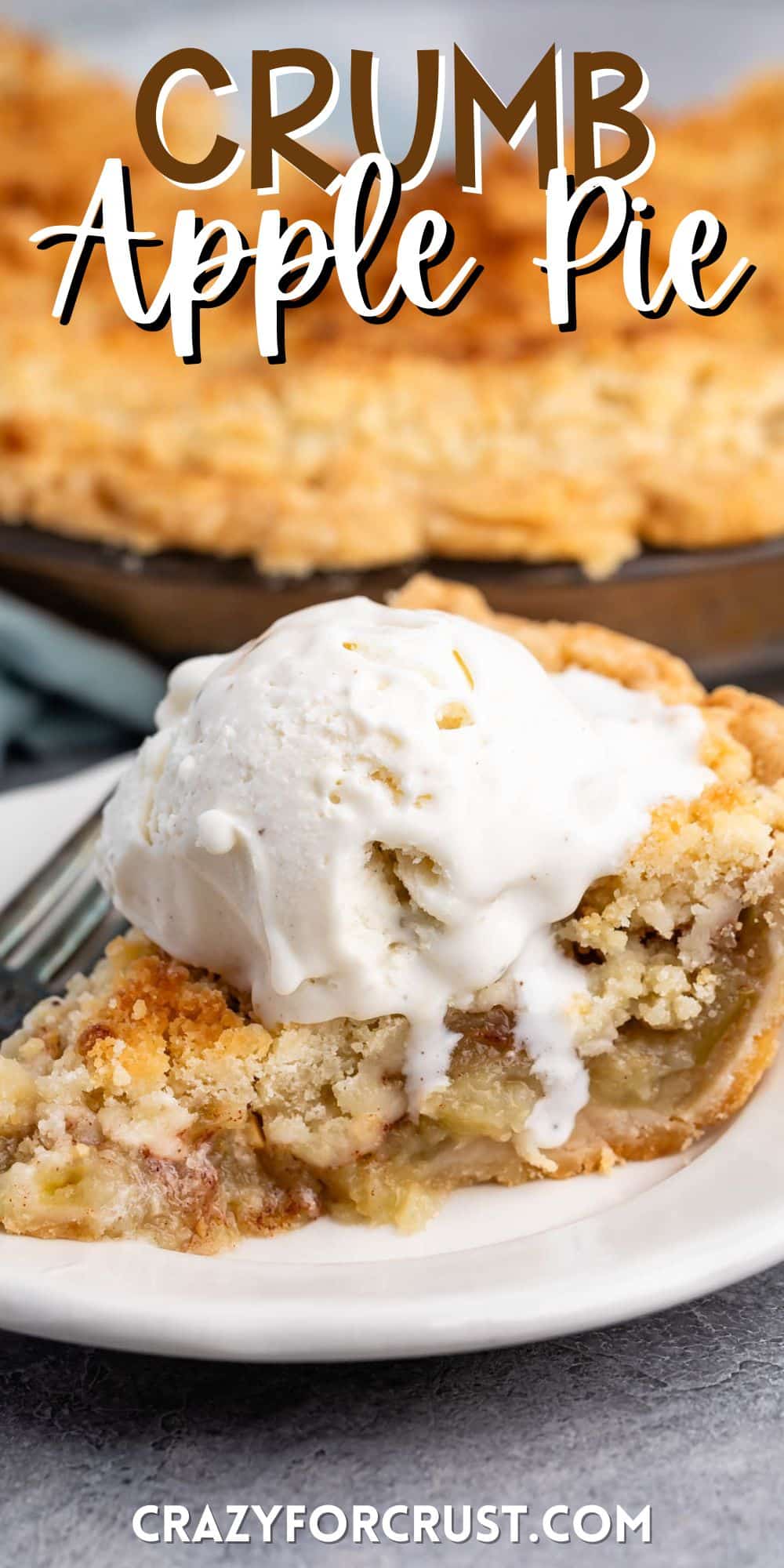 one slice of pie with crumble topping and vanilla ice cream on top with words on the image.