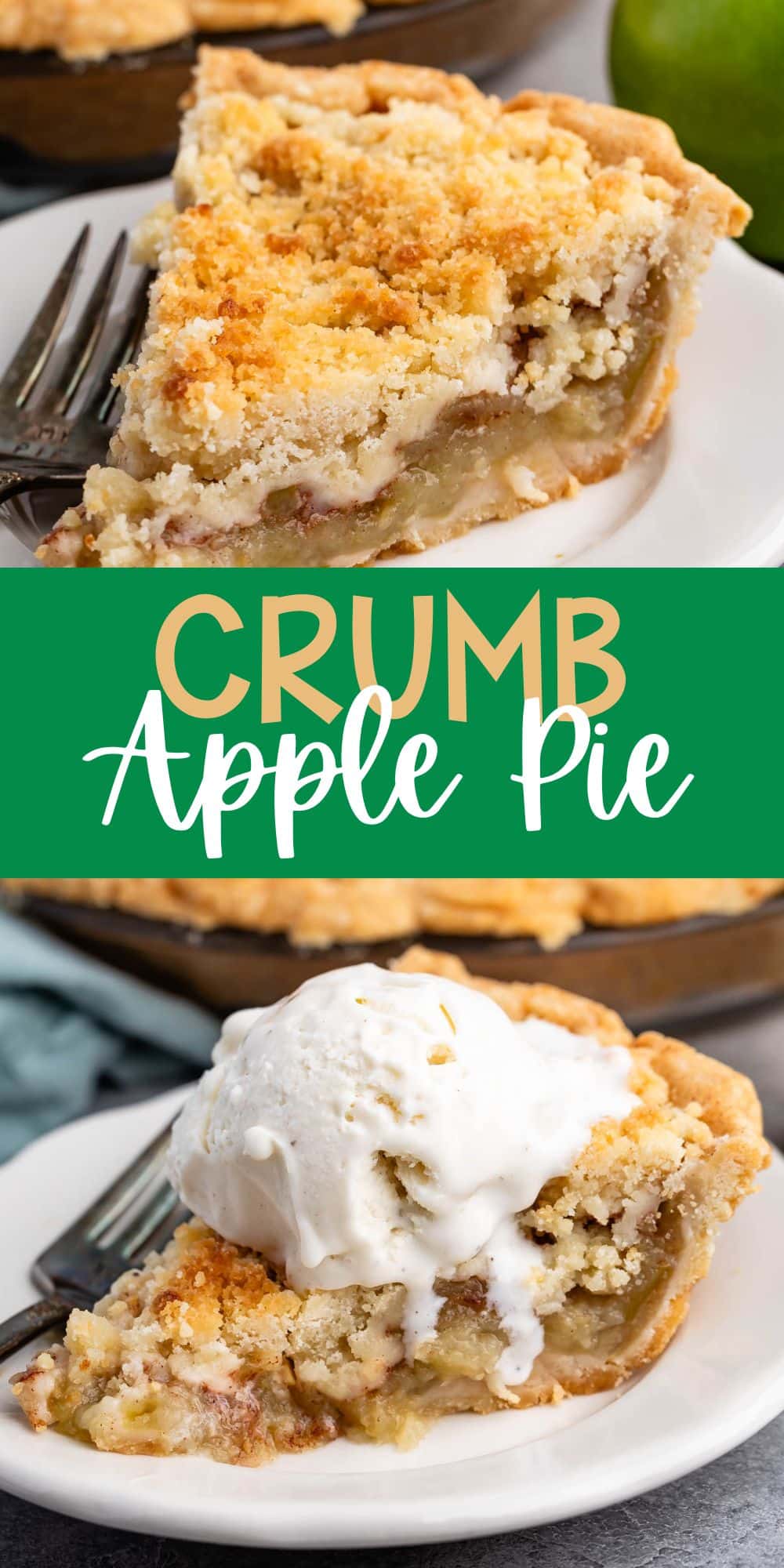 two photos of one slice of pie with crumble topping on a white plate next to a fork.