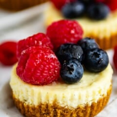 mini circular cheesecake with raspberries and blueberries on top.