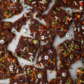 chocolate covered bark with sprinkles on top.