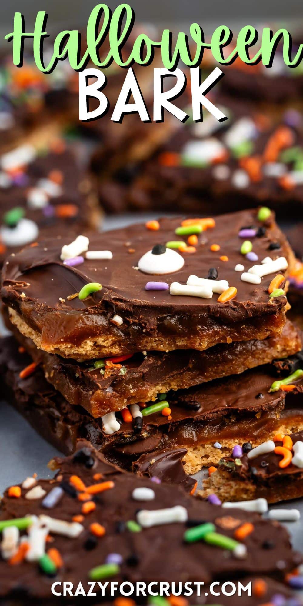 chocolate covered bark with sprinkles on top with words on the image.