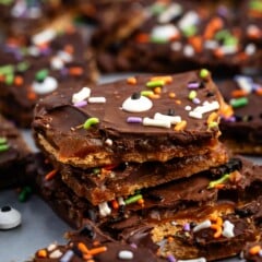 chocolate covered bark with sprinkles on top.