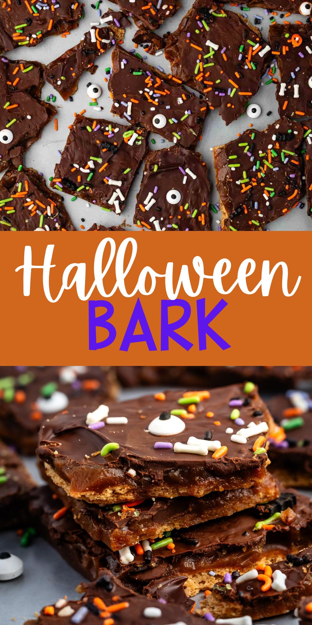 two photos of chocolate covered bark with sprinkles on top with words on the image.