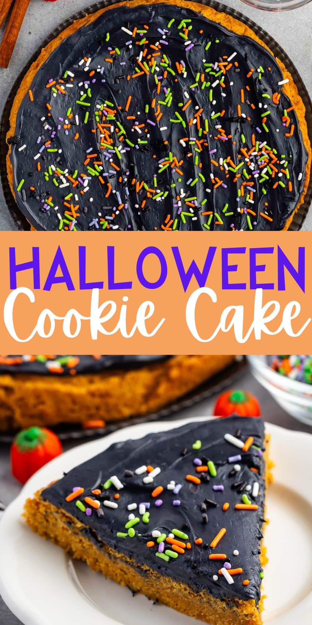 two photos of halloween pumpkin cookie cake with black frosting and sprinkles on top with words on the image.