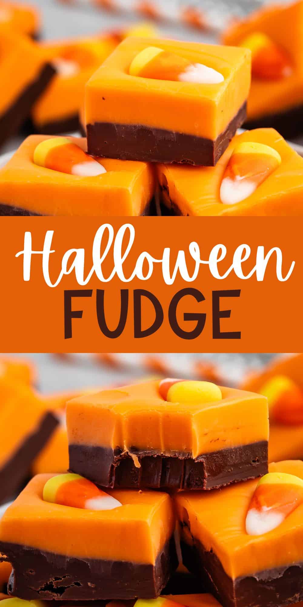 two photos of stacked brown and orange fudge with a candy corn on top with words on the image.