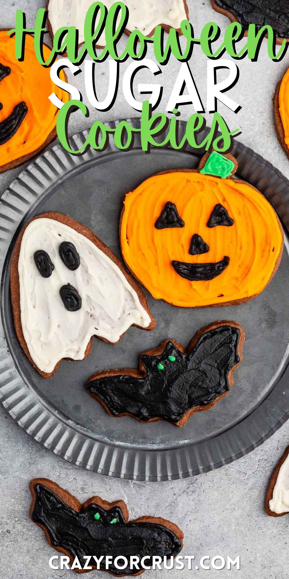 sugar cookies shaped like halloween characters and frosted with orange, white and black with words on the image.
