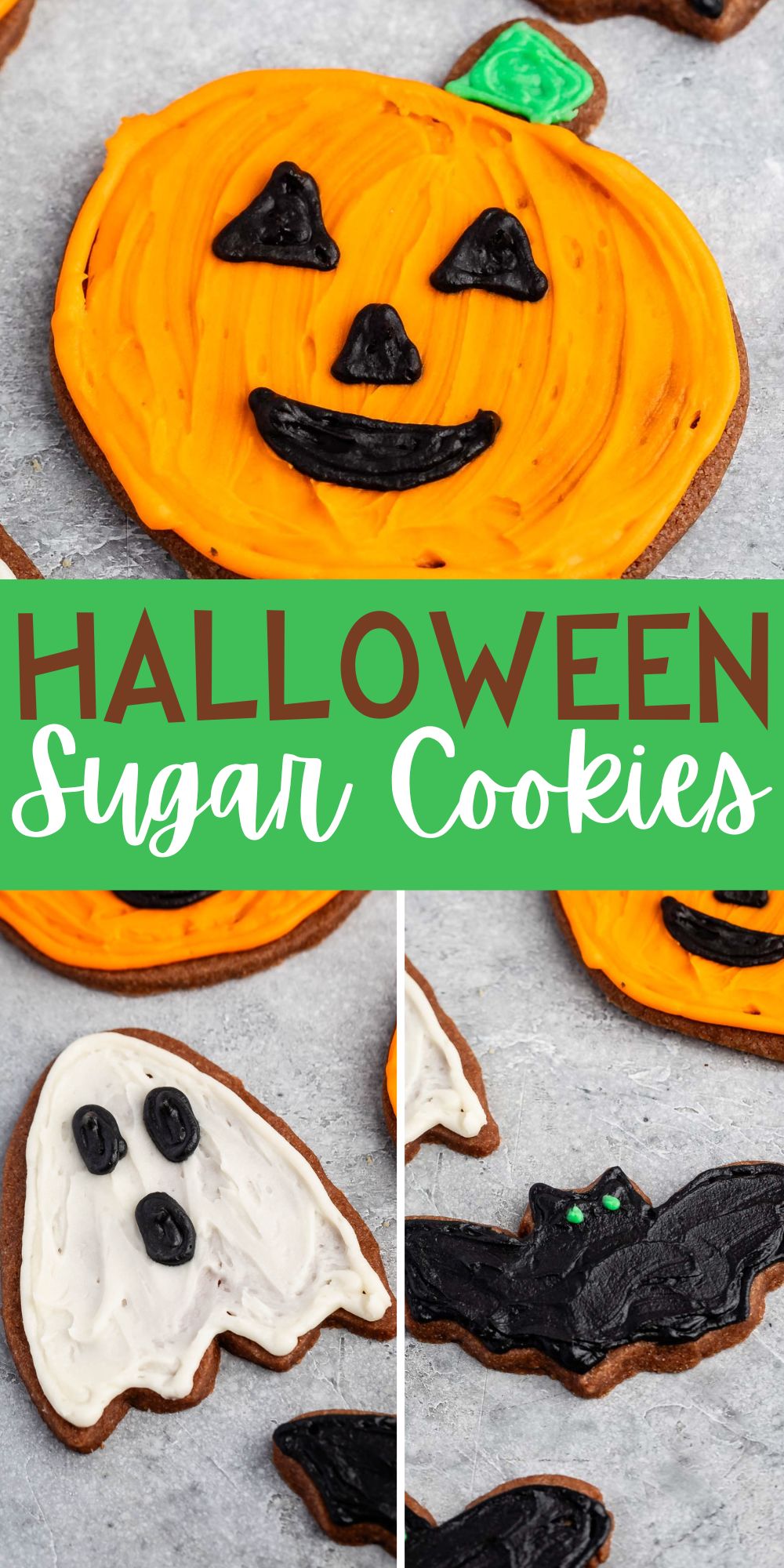 three photos of sugar cookies shaped like halloween characters and frosted with orange, white and black with words on the image.