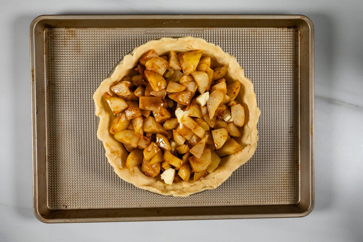 process shot of pear pie.