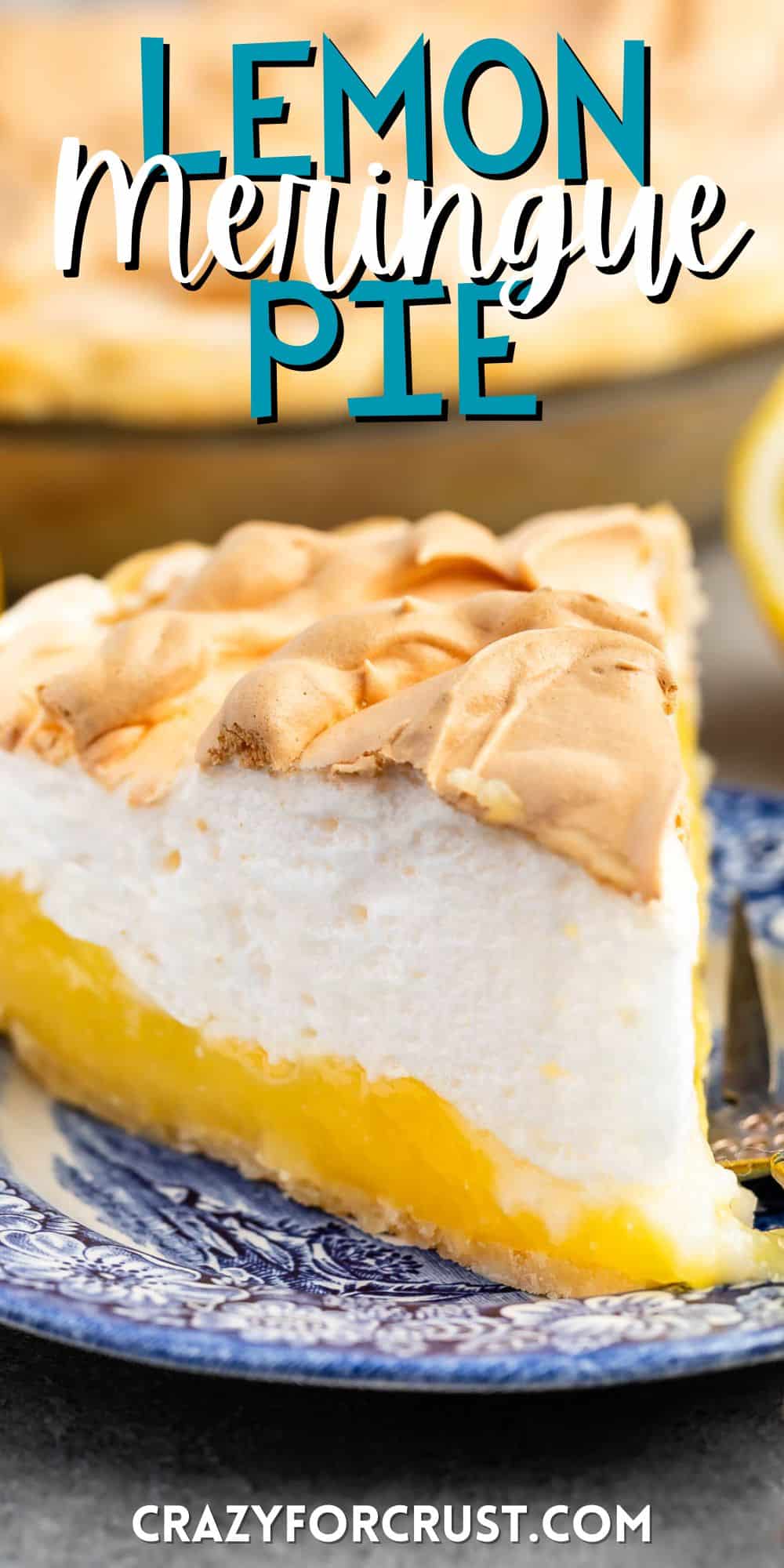 one slice of pie on a blue plate with meringue on top with words on the image.