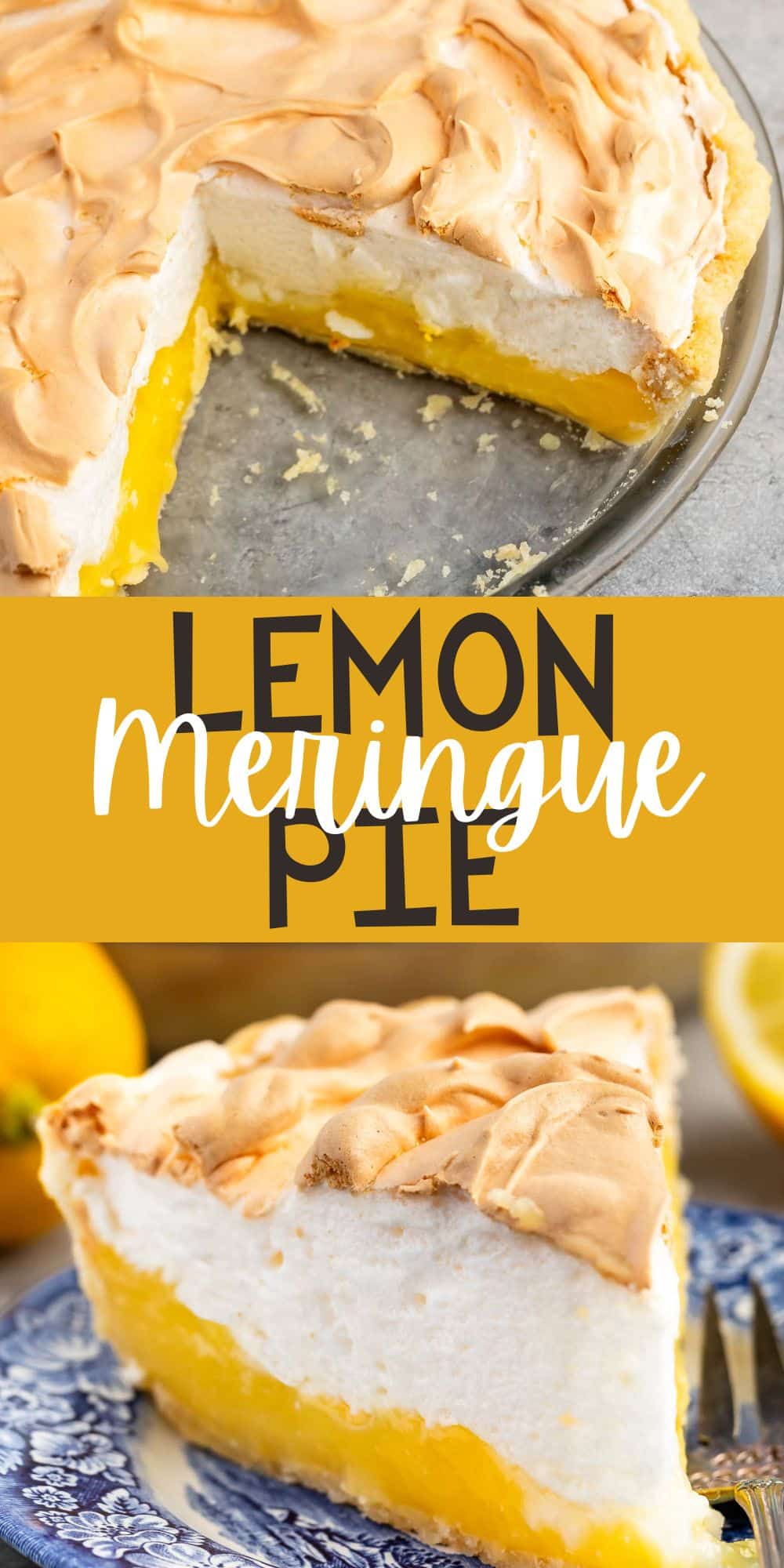 two photos of lemon pie in clear pie plate with meringue on top with words on the image.
