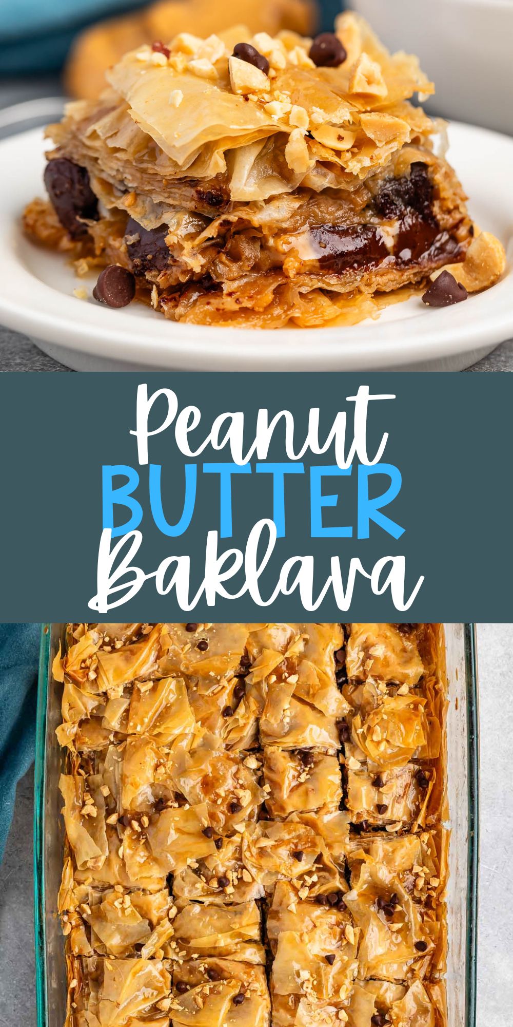 two photos of baklava mixed with chocolate chips sitting on a white plate with words on the image.