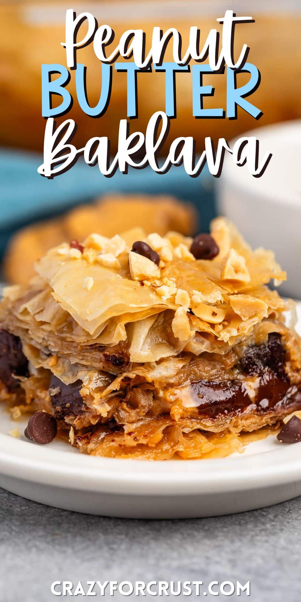 baklava mixed with chocolate chips sitting on a white plate with words on the image.