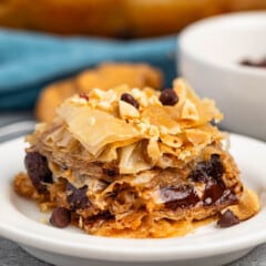 baklava mixed with chocolate chips sitting on a white plate.