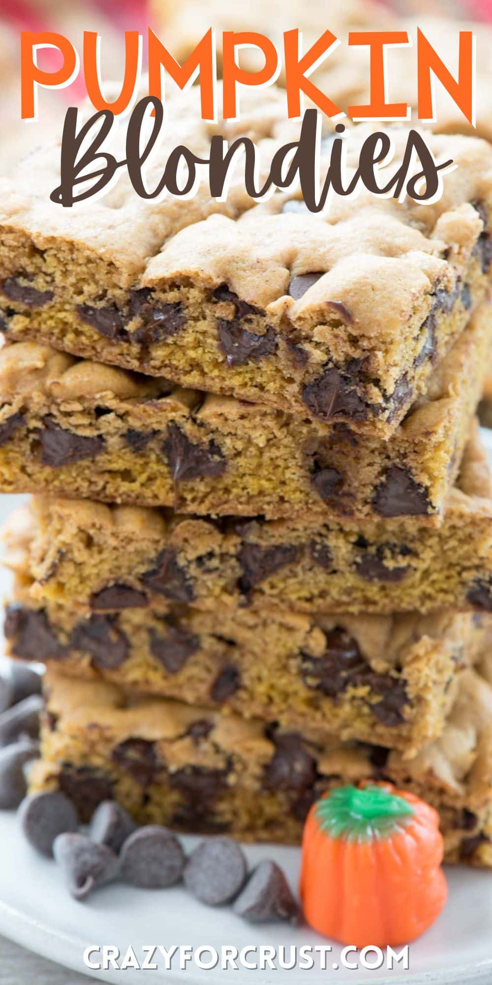 stacked pumpkin blondies with chocolate chips baked in with words on the image.