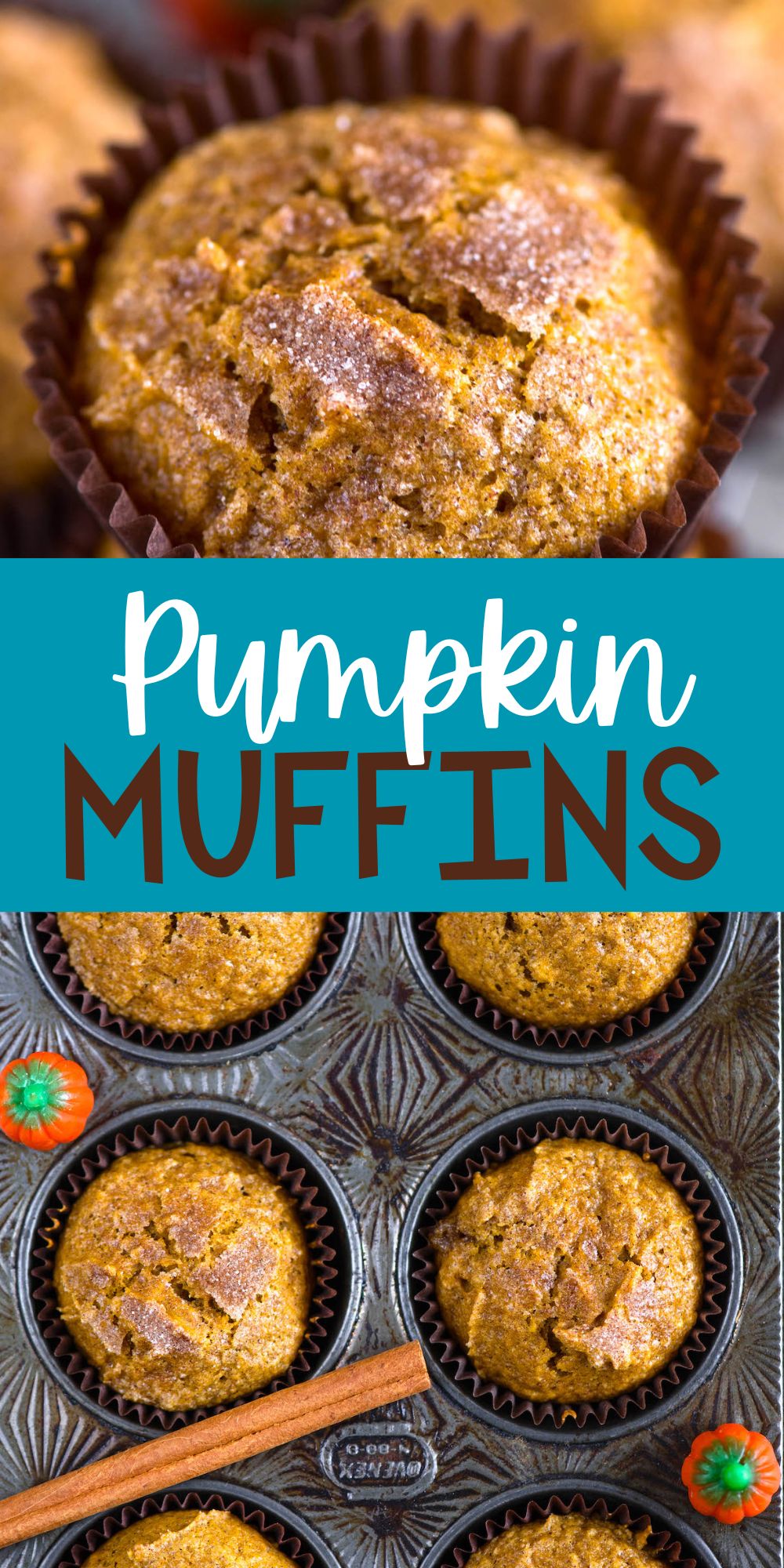 two photos of pumpkin muffins stacked in brown cupcake wrappers with words on the image.