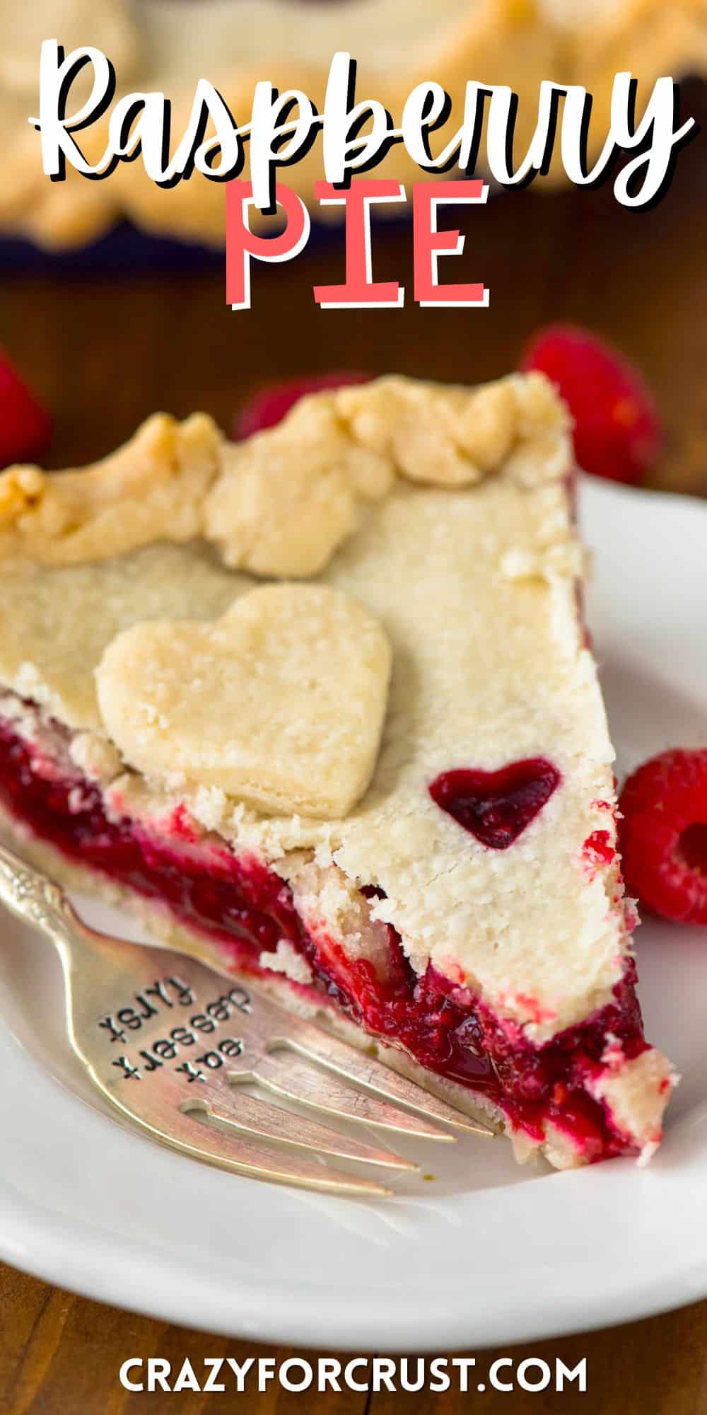 one slice of pie with raspberry filling and a heart sliced out of the dough with words on the image.